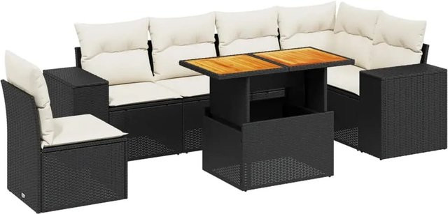 vidaXL 7-teilige Garten-Sofagarnitur in L-Form aus Poly-Rattan und Akazienholz mit Kissen in Schwarz-Creme - Bild 1