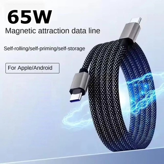 65W Typ-C zu Typ-C Magnetisches Schnellladekabel mit Anti-Verwicklungs-Funktion, 1m USB-C Datenkabel für iPhone, Samsung und Huawei - Bild 1