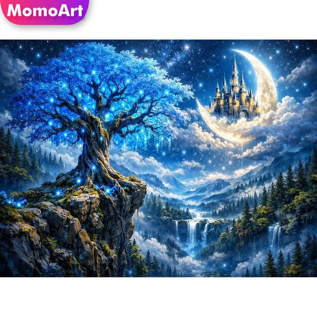 Momoart Diamantmalerei Abstrakte Landschaft mit Baum und Schloss als DIY Mosaik Set in Mehrfarbig, B/T/H: 20 x 20 x 20 cm - Bild 1