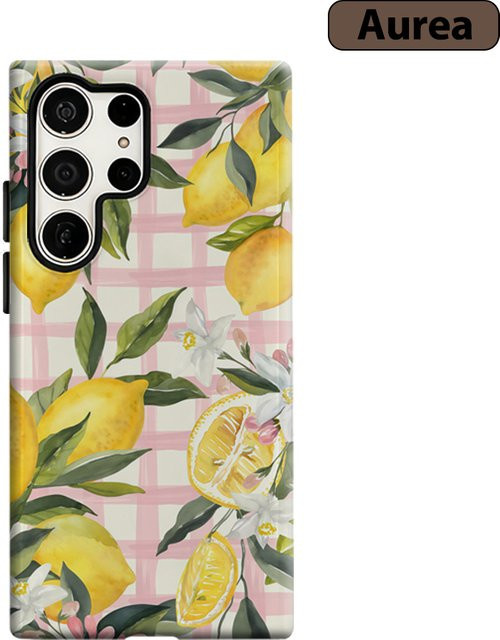 Stoßfeste Doppelschicht Handyhülle mit rosa Gingham Zitronen- und Blumenmuster für Samsung Galaxy S25 Ultra, S24 und S23 Ultra Plus - Bild 1