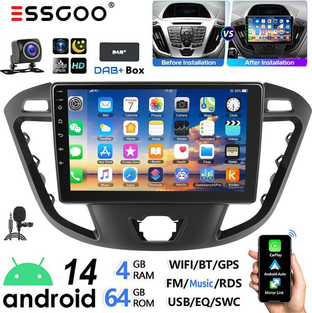 ESSGOO Android 14 Autoradio mit 9 Zoll Touchscreen, 4+64GB, Kabelloses Carplay und Android Auto, GPS, Wifi, Bluetooth, für Ford Transit Custom 2012-2021, Schwarz - Bild 1