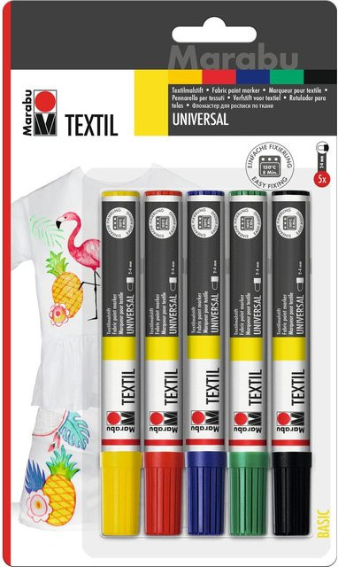 Marabu Textil-Painter Set mit 5 Farben in Kirschrot, Saftgrün, Schwarz und Multicolor, Strichbreite 2-4 mm - Bild 1