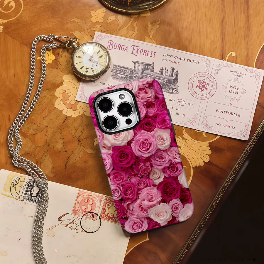 Potdemiel Handyhülle Pink Rose Bloom Art mit doppelschichtiger Rückseite für iPhone 17AIR 16E 16 15 14 13 12 11 Pro Max Plus - Bild 4