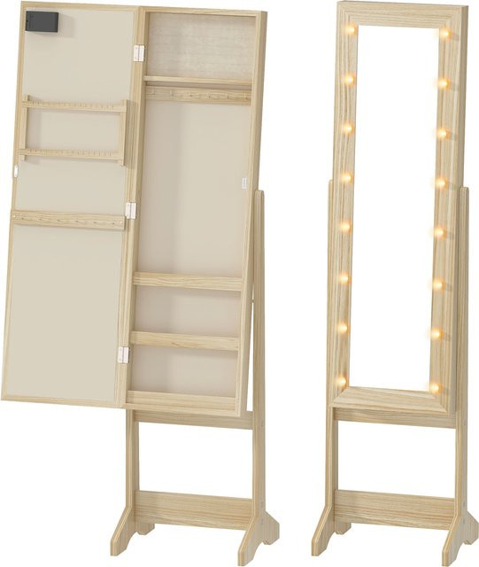 HOMCOM Schmuckschrank mit LED-Beleuchtung und Ganzkörperspiegel in Naturholz-Optik, Stand-Schmuckschrank mit Ablagen und Ringschlitzen, Farbe: Braun - Bild 1