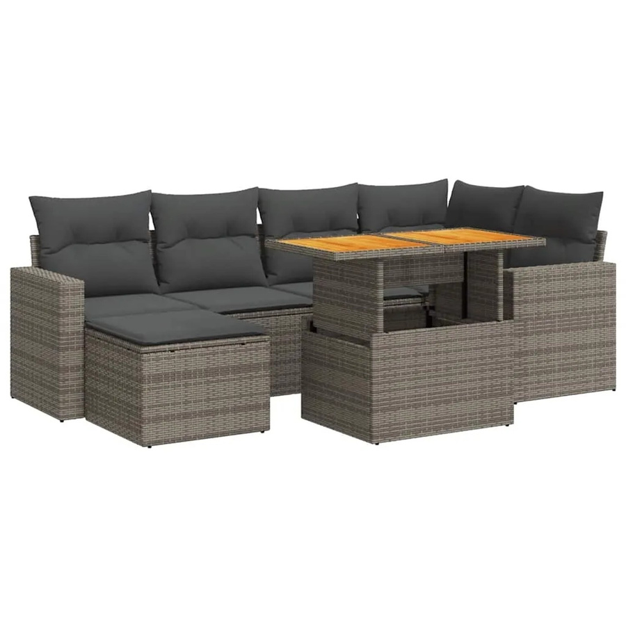vidaXL 7-teilige Garten-Sofagarnitur aus Poly-Rattan und Akazienholz in Grau mit Kissen - Bild 2