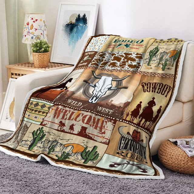 JMG Household Supplies Westliche Retro Cowboyhut und Stiefel Wurfdecke aus weichem Flanell, Mehrfarbig, B: 173 cm, T: 218 cm - Bild 1