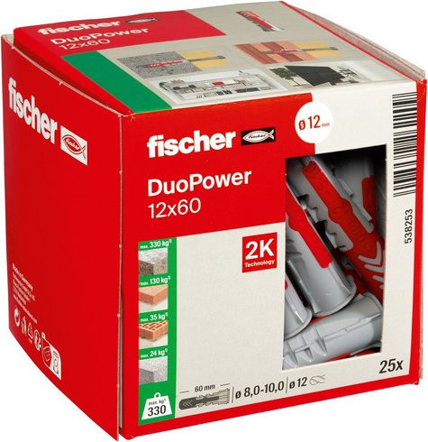 Fischer DUOPOWER Universaldübel aus Nylon, Durchmesser: 12 mm, Länge: 60 mm, 25 Stück, grau/rot - Bild 2