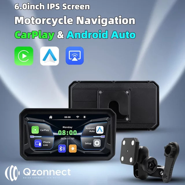 Qzonnect 6 Zoll Motorrad GPS mit CarPlay und Android Auto, IP67 wasserdicht, 5GHz WiFi und Bluetooth 5.0, Schwarz - Bild 1