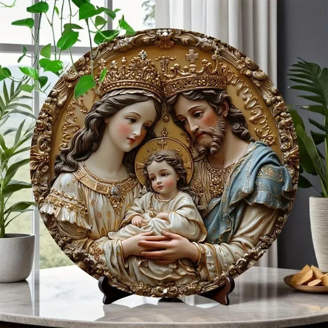 Rundes Potdemiel Aluminiumschild Holy Family mit Engel-Motiv, Mehrfarbig, Durchmesser: 20 cm - Bild 1