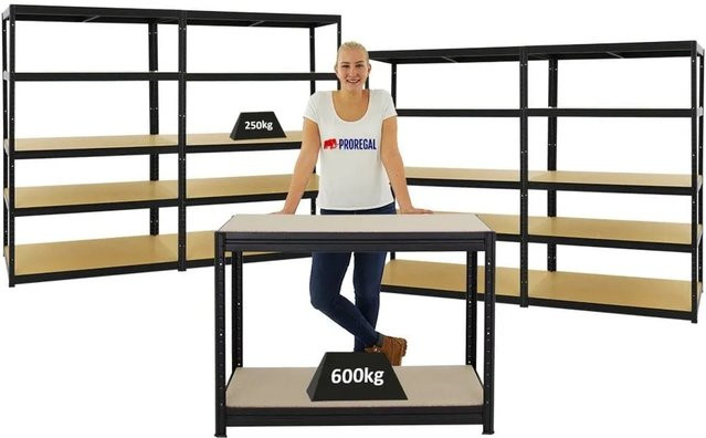 PROREGAL Set aus 4x Schwerlastregal Big Elephant M und 1x höhenverstellbarer Werkbank Slim Dino, Schwarz, H: 180 cm, B: 120 cm, T: 60 cm sowie H: 90 cm, B: 120 cm, T: 60 cm - Bild 1