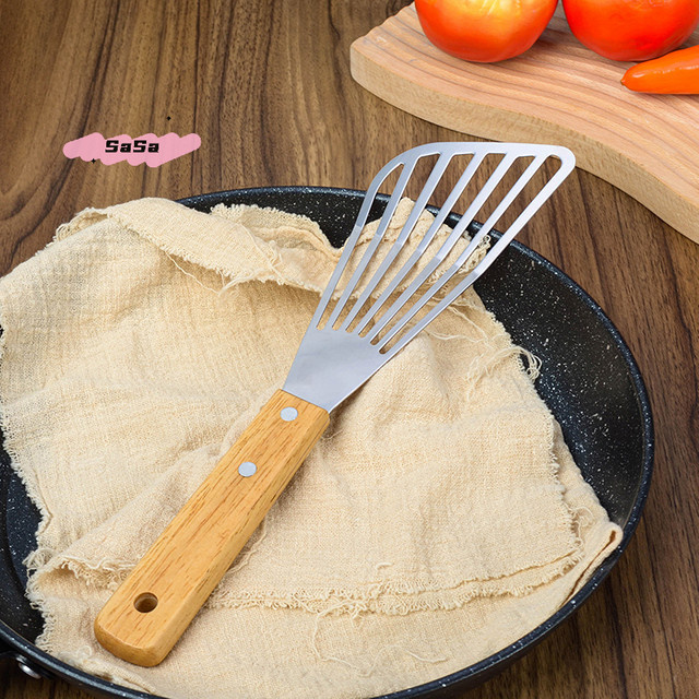YOWEI Edelstahl-Schlitzspatel mit Holzgriff in Silber, fächerförmige Fischbraten-Schaufel für hitzebeständiges Kochen - Bild 1