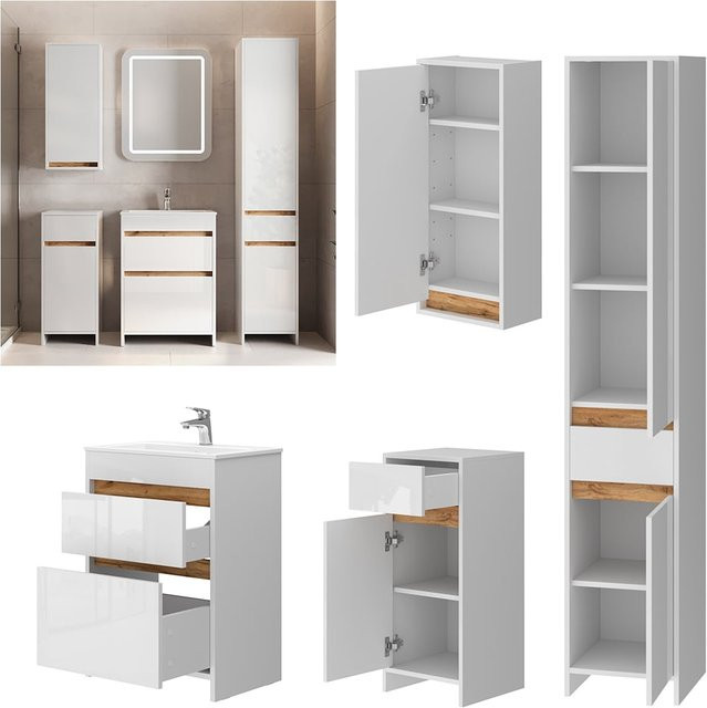 Vicco Badmöbel-Set Detmold in Weiß Hochglanz und Eiche, 5-teilig, Breite: 60 cm - Bild 1