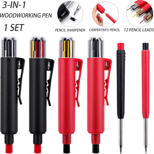 JOMPENS 3-in-1 Holzbearbeitungsstift Set in Rot mit 2,8 mm Ersatz-Bleistiftminen und drehbaren Kernen für präzise Markierungen in tiefen Löchern - Bild 1