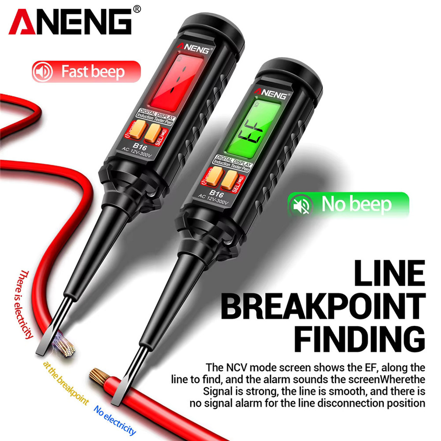 ANENG B16 Digitaltester für AC-Spannung 12V-300V, berührungsloser NCV-Spannungsdetektor mit Ton- und Lichtalarm, Schwarz - Bild 2