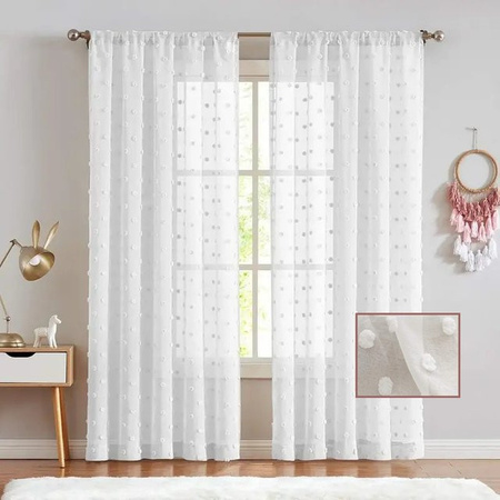 Tiyana Pom Pom Gardine aus weißem Voile, transparenter Raumteiler mit Punktmuster für Kinderzimmer, Schlafzimmer und Wohnzimmer, Breite: 100 cm, Höhe: 160 cm