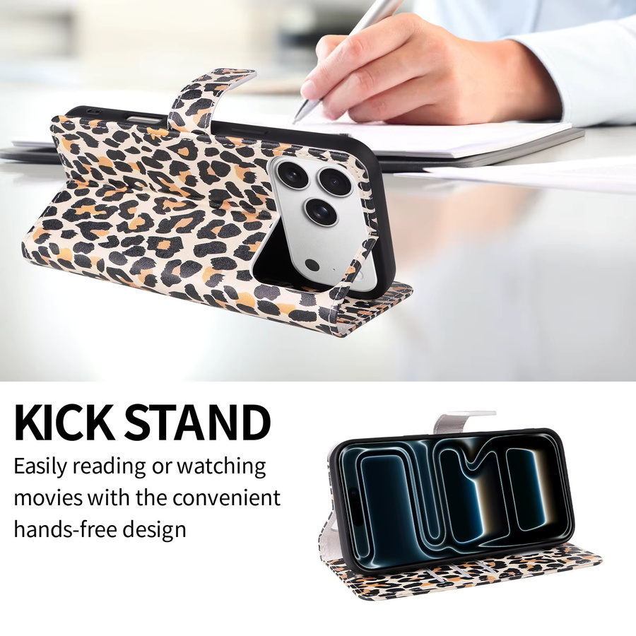 Leopardenmuster Flip-Wallet Handyhülle aus Kunstleder mit Kartenfach für iPhone 17 Pro Max, 16 Pro, 15, 14 Plus, 13 in Beige und Multicolour - Bild 2