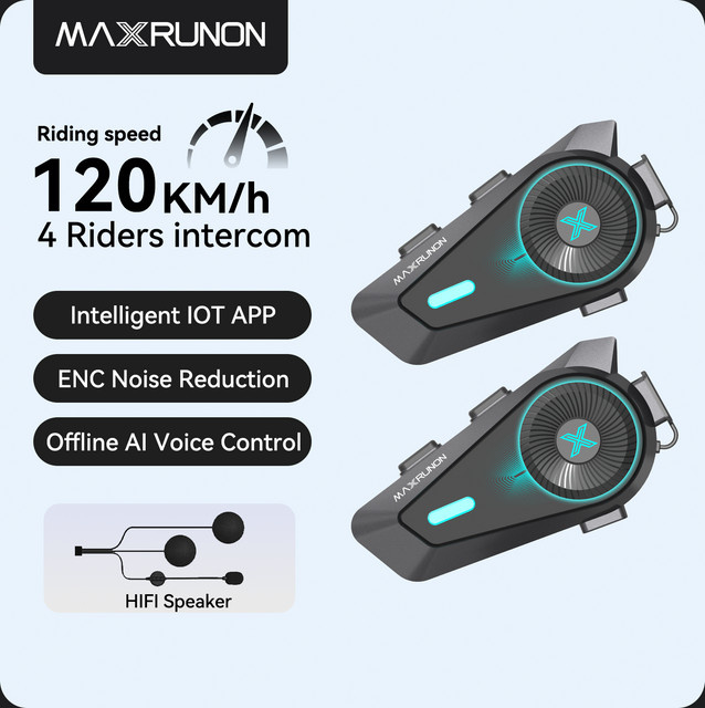 MAXRUNON D10 Motorrad Bluetooth Intercom Helm Headset mit AI Sprachsteuerung und ENC, IPX7 wasserdicht, Farbe: Schwarz - Bild 1