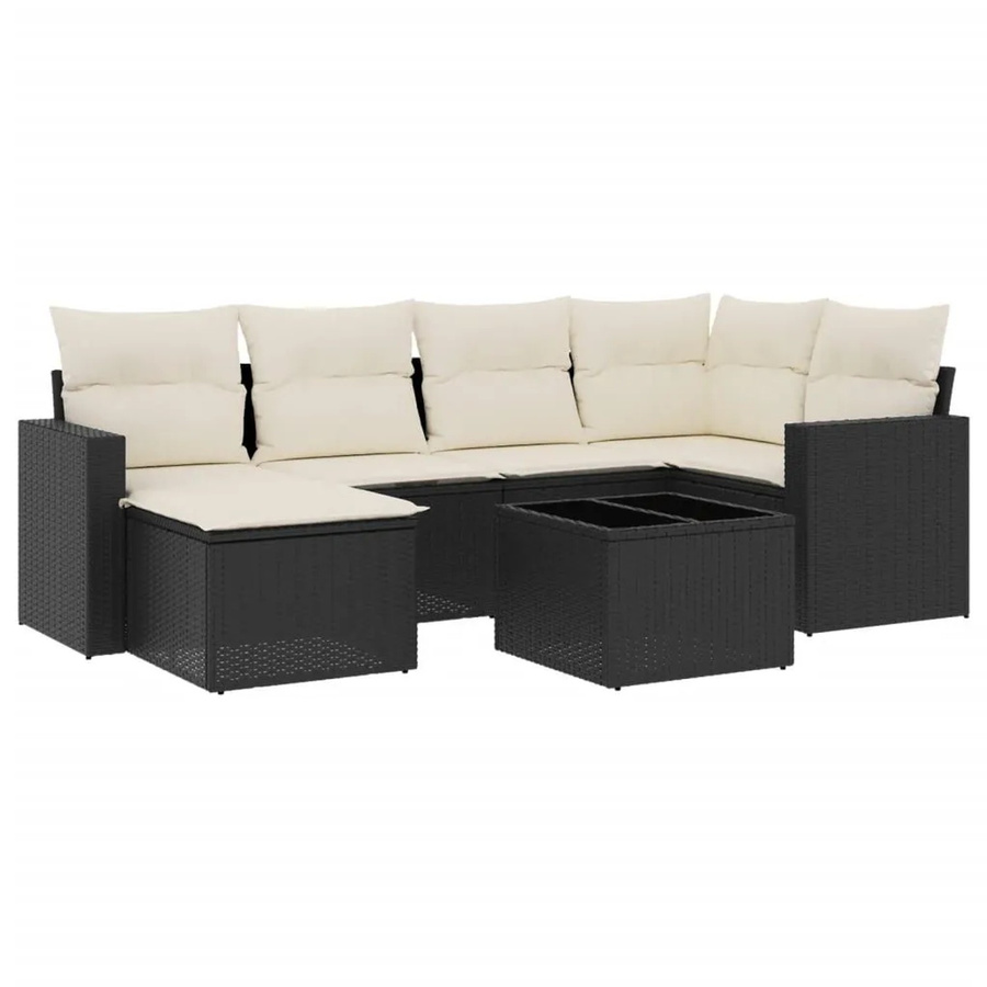 vidaXL 7-tlg. Garten-Sofagarnitur in L-Form mit Kissen und Couchtisch, Schwarz, Poly-Rattan und Metallrahmen - Bild 2