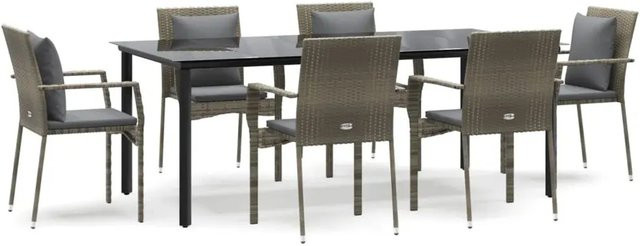 vidaXL 7-teilige Garten-Essgruppe aus Poly Rattan mit Kissen und Tisch aus gehärtetem Glas in Schwarz und Grau - Bild 1