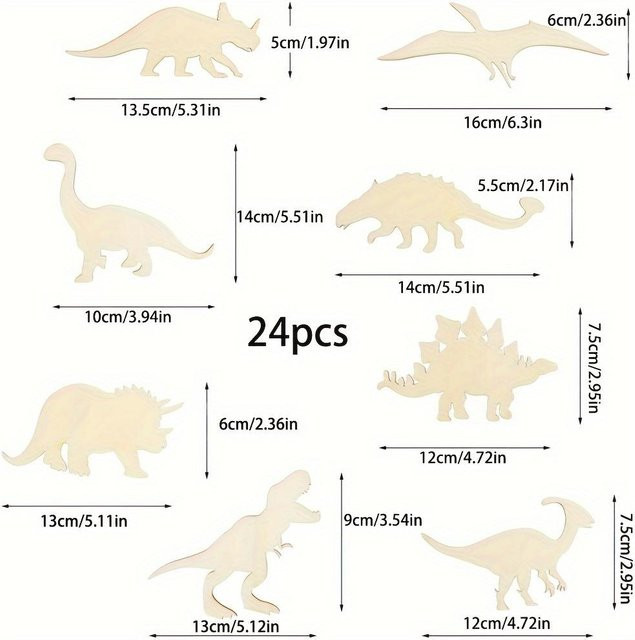 WTEMPO 24-teiliges Dinosaurier-Ausschnitt-Set aus Holz zum Bemalen mit Tyrannosaurus, Triceratops und Stegosaurus Formen für Kinder und Heimwerker - Bild 1