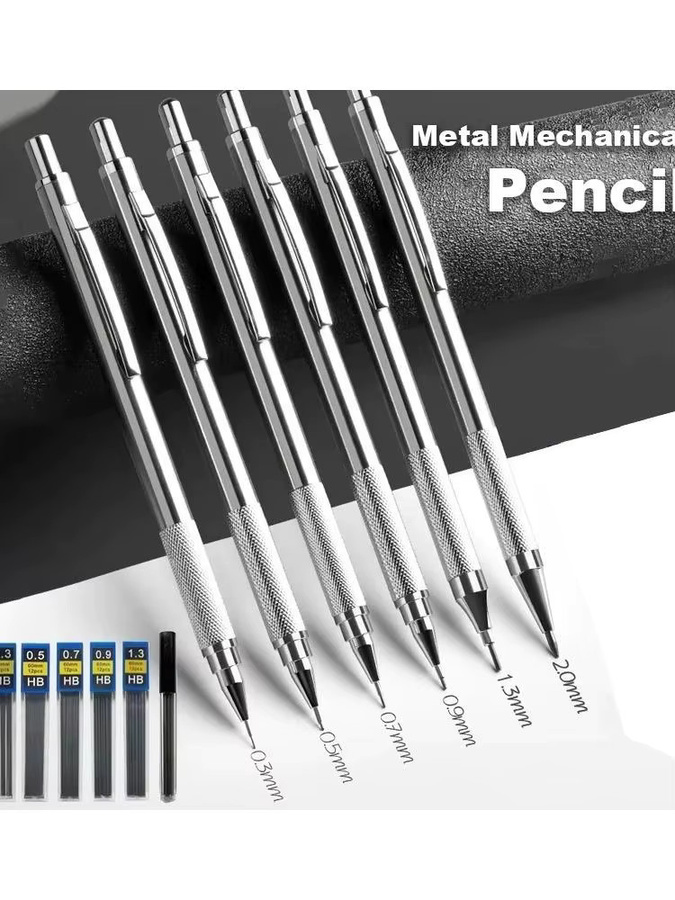 Metall-Druckbleistift-Set aus Edelstahl in Silber mit Minenstärken von 0,3 mm bis 2,0 mm für Schule und Kunst - Bild 4