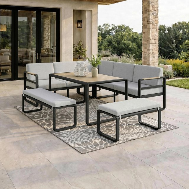 Bessagi Garden Dining-Loungeset Aruba in Hellgrün und Schwarz aus Metall und Outdoorstoff - Bild 1