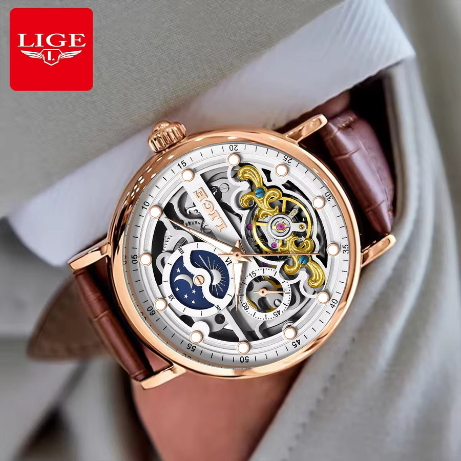 LIGE Armbanduhr Automatik, Mondphasen, Leder, Roségold, Herren - Bild 3