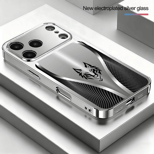 Glas-Handyhülle mit gebogenem Wolfkopfmuster in Silber für Apple iPhone 11 bis 17 Pro Max Plus und 17 Air - Bild 1