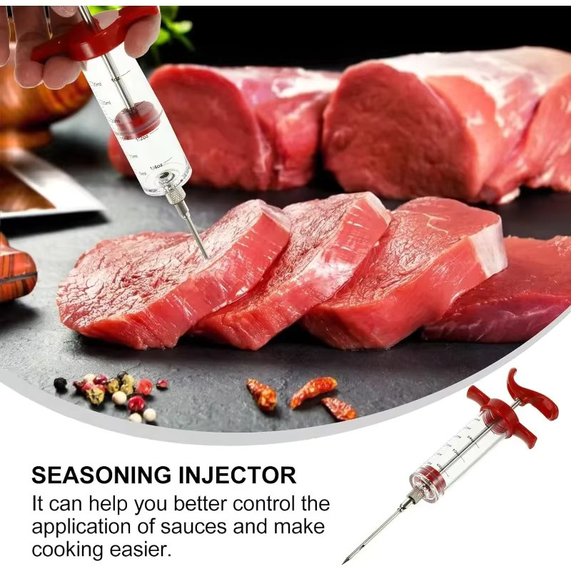 Edelstahl Fleischinjektor Set in Rot für BBQ, Grill und Braten inklusive Nadeln - Bild 3
