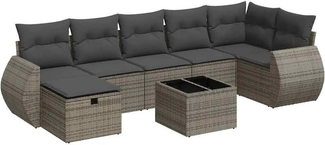 vidaXL 8-tlg. Garten-Sofagarnitur in L-Form mit Kissen und Ottoman, Grau - Bild 1