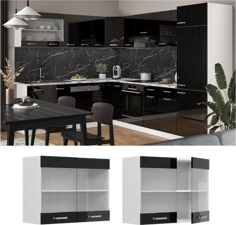 Vicco R-Line Glashängeschrank für die Küche in Weiß und Schwarz mit Glastüren, B/T/H: 80 x 31 x 60 cm