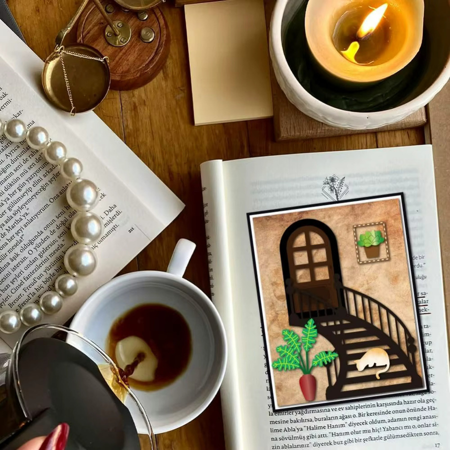 Silberne Stanzformen für Scrapbooking und Bastelarbeiten mit Katzen- und Pflanzenmotiven sowie Treppen- und Fensterformen für Papier und Tagebücher - Bild 3