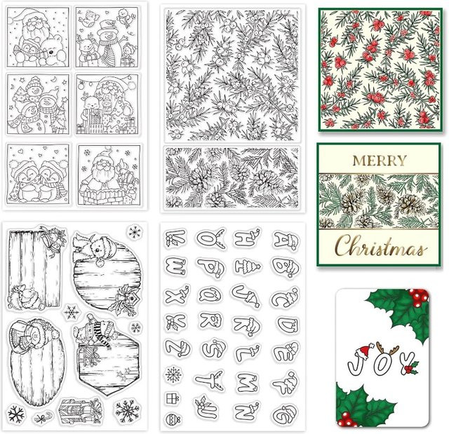 4 transparente Silikonstempel für Scrapbooking und Kartenherstellung mit Weihnachts-Motiven, Alphabet und Stechpalme - Bild 1