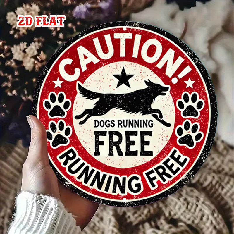 Rundes Aluminium-Metallblechschild Potdemiel Vorsicht Dogs Running Free mit Hundedesign in Rot, Durchmesser: 19,99 cm - Bild 5