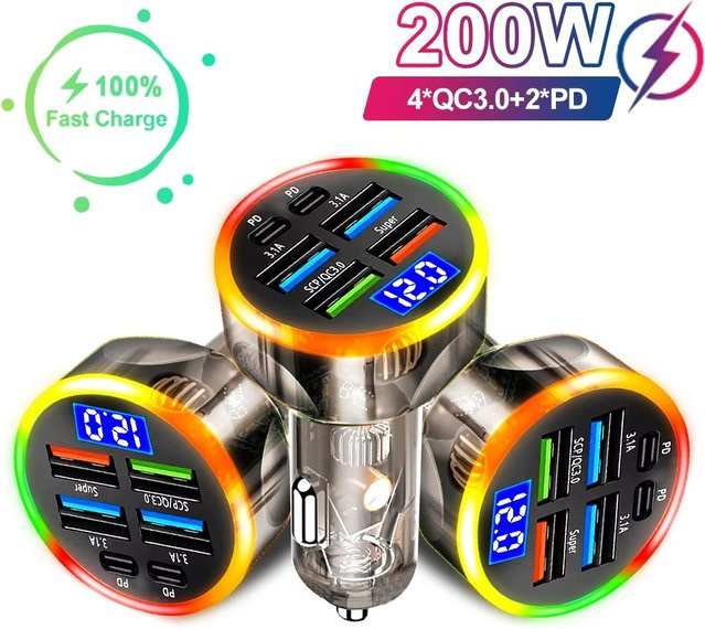 200W Auto-Ladegerät mit 6 Anschlüssen, PD QC3.0 USB-Schnelladapter mit Digitalanzeige für iPhone, Samsung und Xiaomi - Bild 1