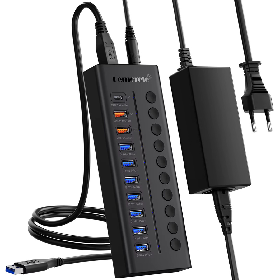 Lemorele USB-C-Hub mit 10 Anschlüssen als Multi-USB-3.0-Splitter und Dockingstation für Laptop und PC in Schwarz - Bild 6