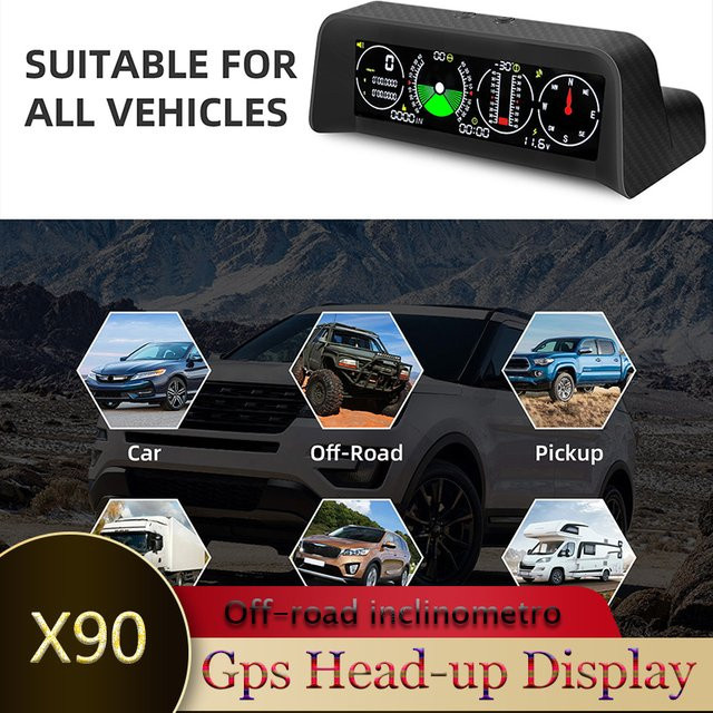 MAIMEIMI Multifunktions-Head-up-Display x90 GPS Tachometer mit Kompass und Neigungsmesser in Schwarz für Auto und Geländewagen - Bild 1