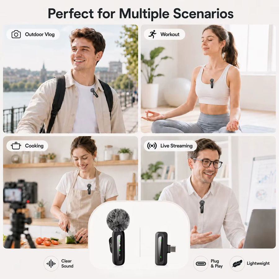 HITOZON Kabelloses Lavaliermikrofon mit USB-C Anschluss, Geräuschunterdrückendes Ansteckmikrofon in Schwarz für iPhone 15 und Android-Smartphones, ideal für Vlog, Live-Streaming und Interviews - Bild 4