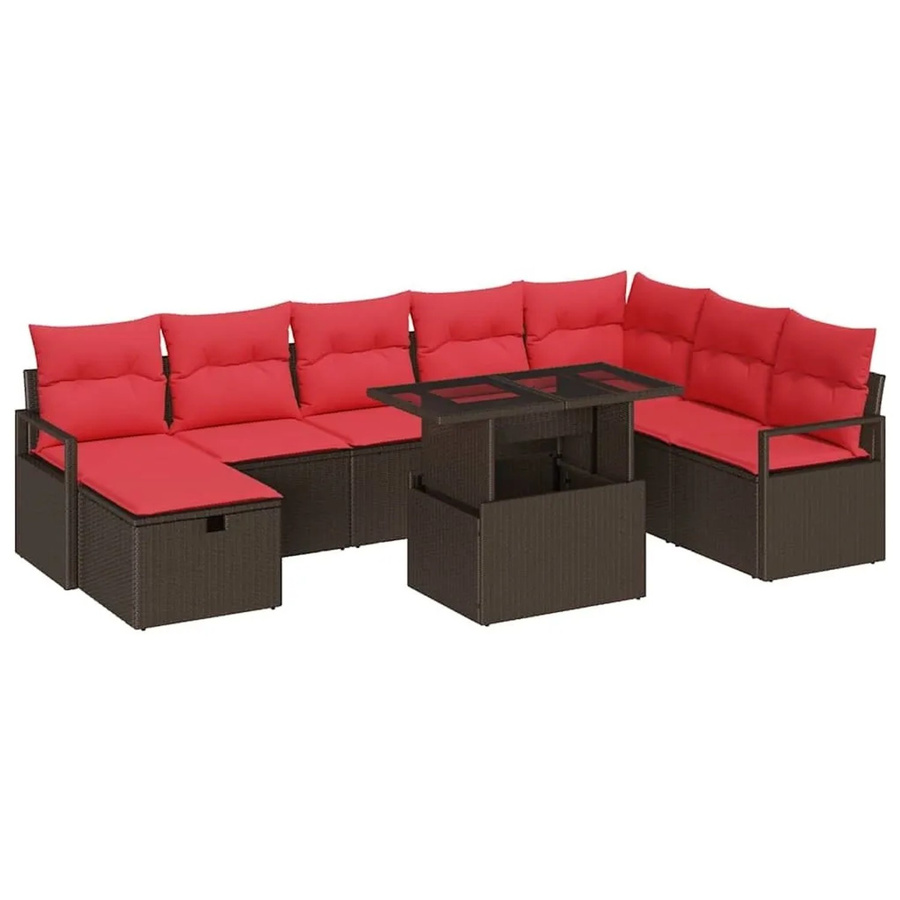 vidaXL Gartensofa-Set aus Poly-Rattan in L-Form mit 9 Teilen, Polsterkissen und integriertem Stauraum, Braun/Rot - Bild 2