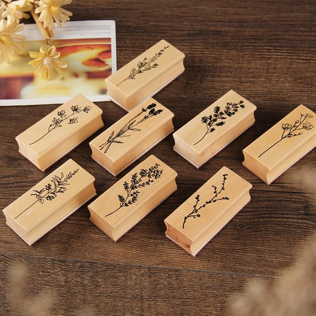 8er Set Holzstempel mit Pflanzen- und Blumenmotiven in Mehrfarben für DIY Scrapbooking, Alben und Grußkarten - Bild 1