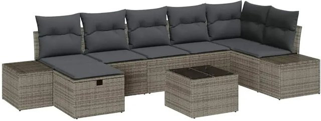 vidaXL Garten-Sofa-Set aus Polyrattan in Grau, 8-teiliges L-Shape Lounge-Set mit Kissen, Ottoman und Couchtisch für Terrasse und Garten - Bild 1