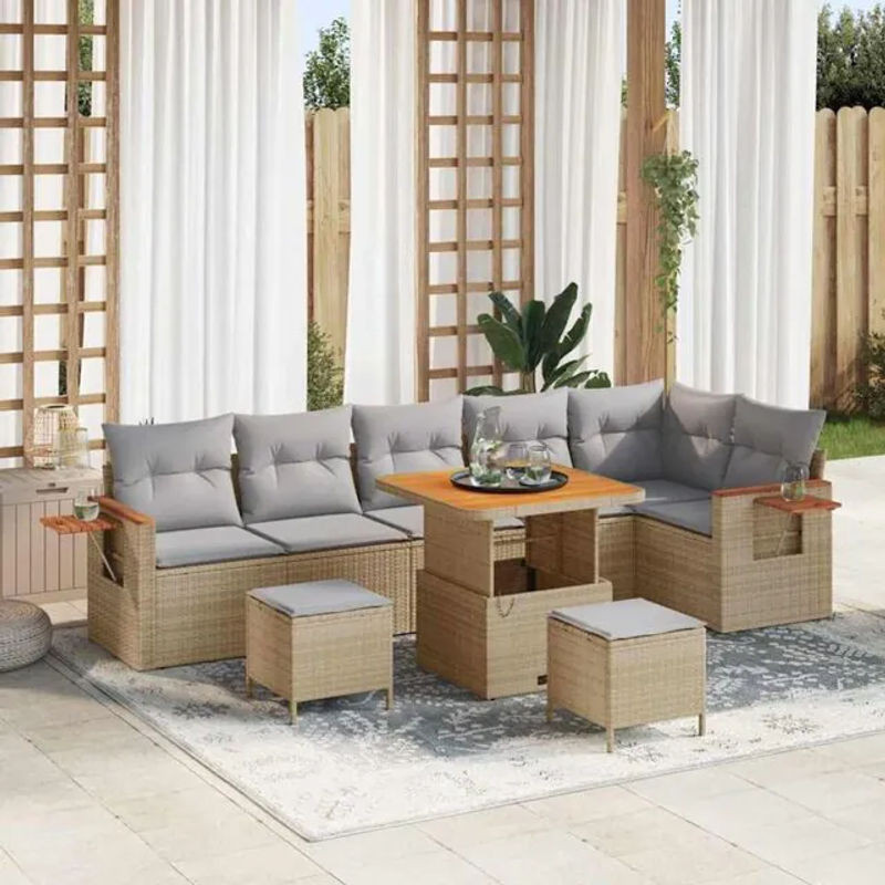vidaXL Garten-Sofa-Set aus 9 Teilen aus Polyrattan und Stahl in Beige und Grau, moderne Loungemöbel, B/T/H: 80 x 80 x 71 cm - Bild 1