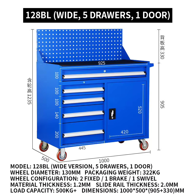 LZHZXY Modularer Schwerlast-Werkzeugwagen in Blau mit fünf Schubladen und Einzel-Tür sowie Bremsrollen - Bild 1