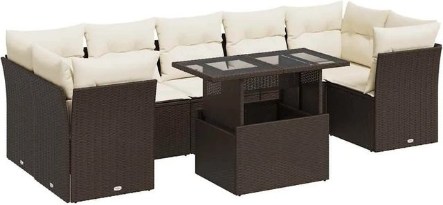 vidaXL 8-teilige Garten-Sofagarnitur in L-Form aus braunem PE-Rattan mit cremeweißen Kissen und Stauraum - Bild 1