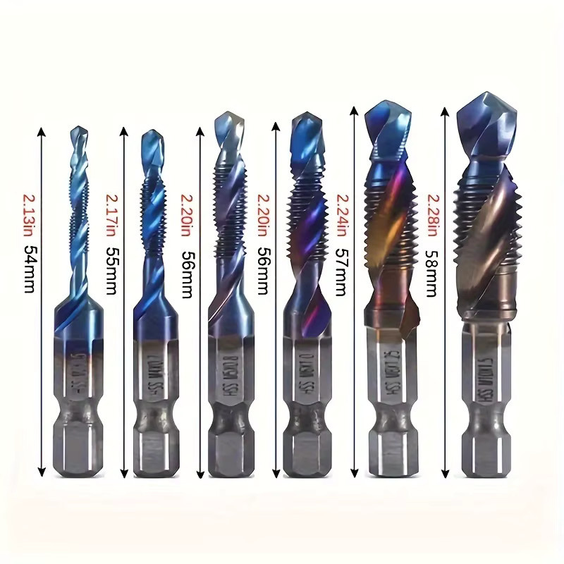 6er Set Titan beschichtete HSS Gewindebohrer mit Sechskant-Schaft für metrische Gewinde M3 M4 M5 M6 M8 M10 in Mehrfarben - Bild 2