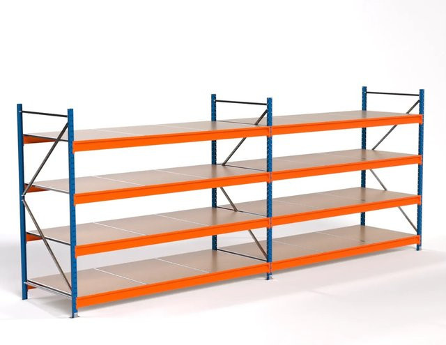 PROREGAL Industrie Weitspannregal MAXIMUS PRO Lagerregal mit 2 Feldern und 4 Spanplatten-Fachböden, Blau/Orange, H x B x T: 200 x 500 x 100 cm - Bild 1