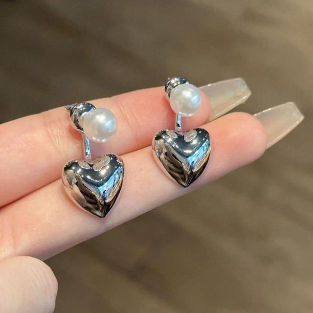 YIRAN Jewelry Anhänger Ohrring, Herz, Imitationsperle, Damen, grau - Bild 1