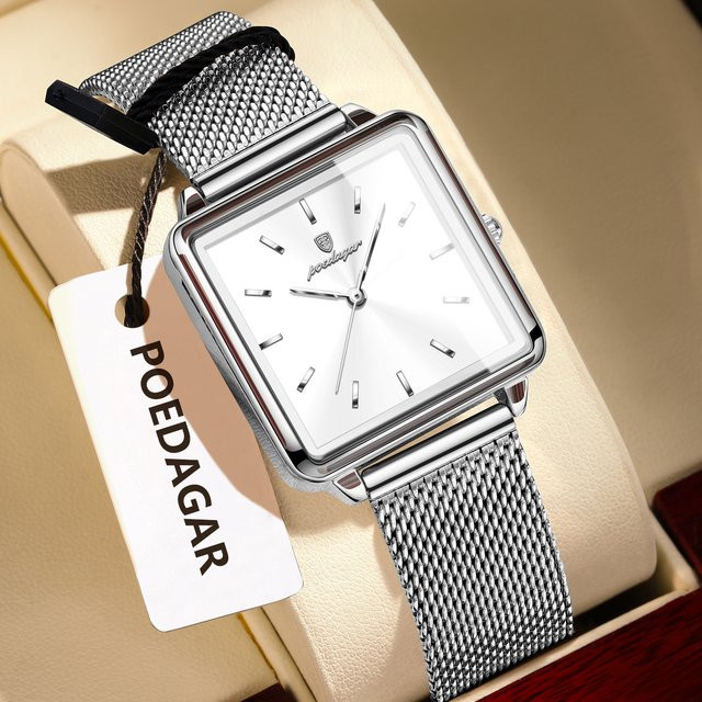 POEDAGAR Armbanduhr, Edelstahl, Quarz, eckig, Silber, Damen - Bild 1