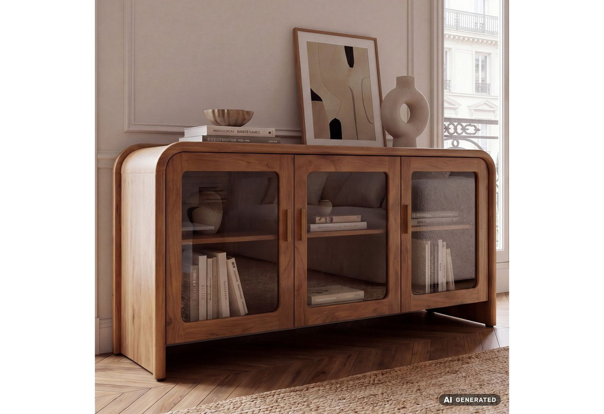Finebuy Sideboard FB119693 aus Mangoholz in Braun mit 3 Glastüren und 6 Fächern, Breite: 160 cm - Bild 1