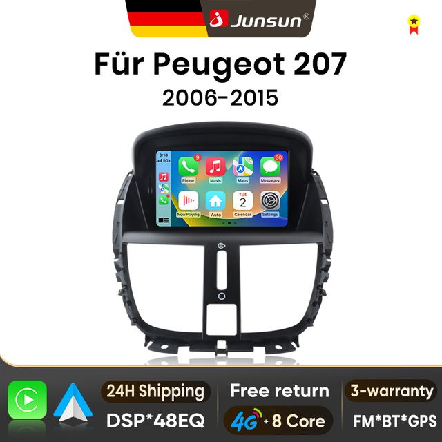 Junsun Android Autoradio mit 7 Zoll IPS-Touchscreen für Peugeot 207 und 207CC (2006-2015), kabelloses Apple CarPlay und Bluetooth, Farbe: Schwarz - Bild 1